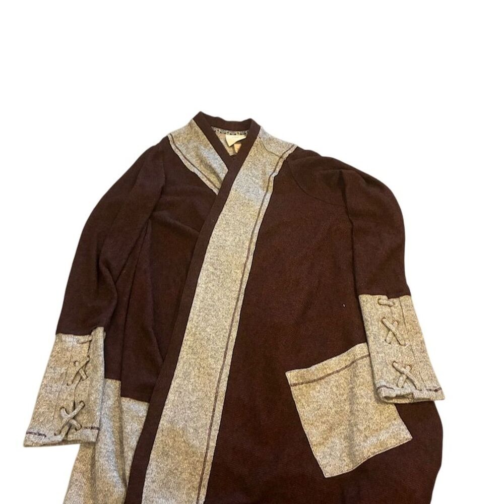 Women's Kimono Style Jacket Brown Tan Accents XS Mid-Length 3/4 Sleeve